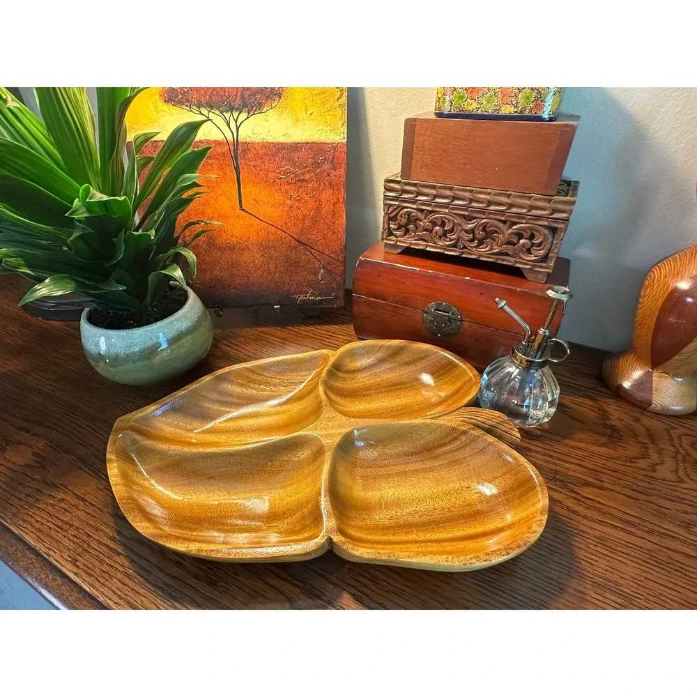 Vintage Hand Carved Monkey Pod Wood Leaf Divided Serving Tray Mid Century Tiki